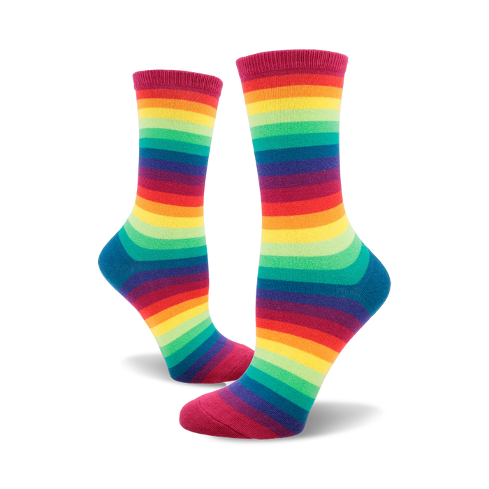 crew-length rainbow gradient stripe socks for women, celebrating pride.   }}