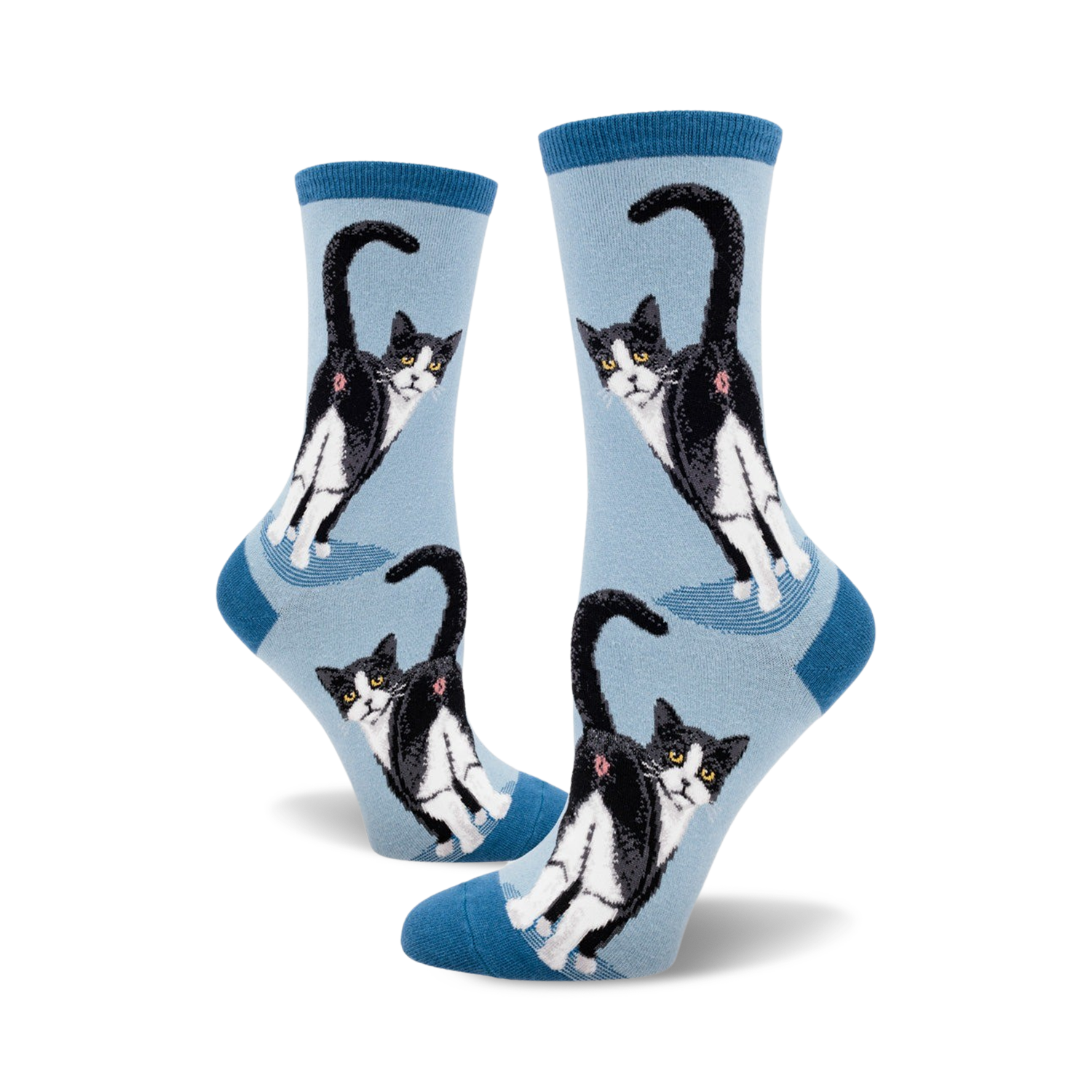 Lifestyle shot showing the light blue Tuxedo Cat Butt socks on a person's feet,  emphasizing the fun design.