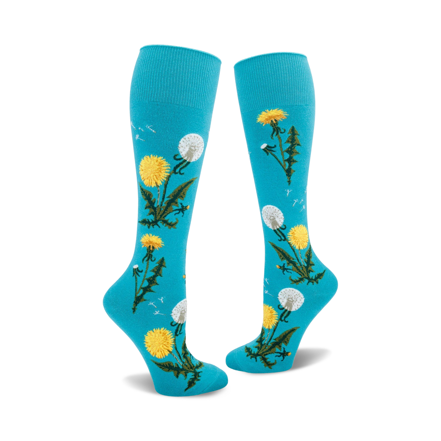 Pair of teal knee-high socks with yellow dandelions and green stems printed on them.  Some dandelions are in seed-head form.