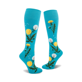 blue knee high women's socks with yellow and white dandelion pattern.   