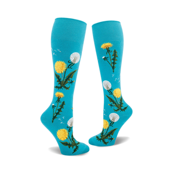 blue knee high women's socks with yellow and white dandelion pattern.   