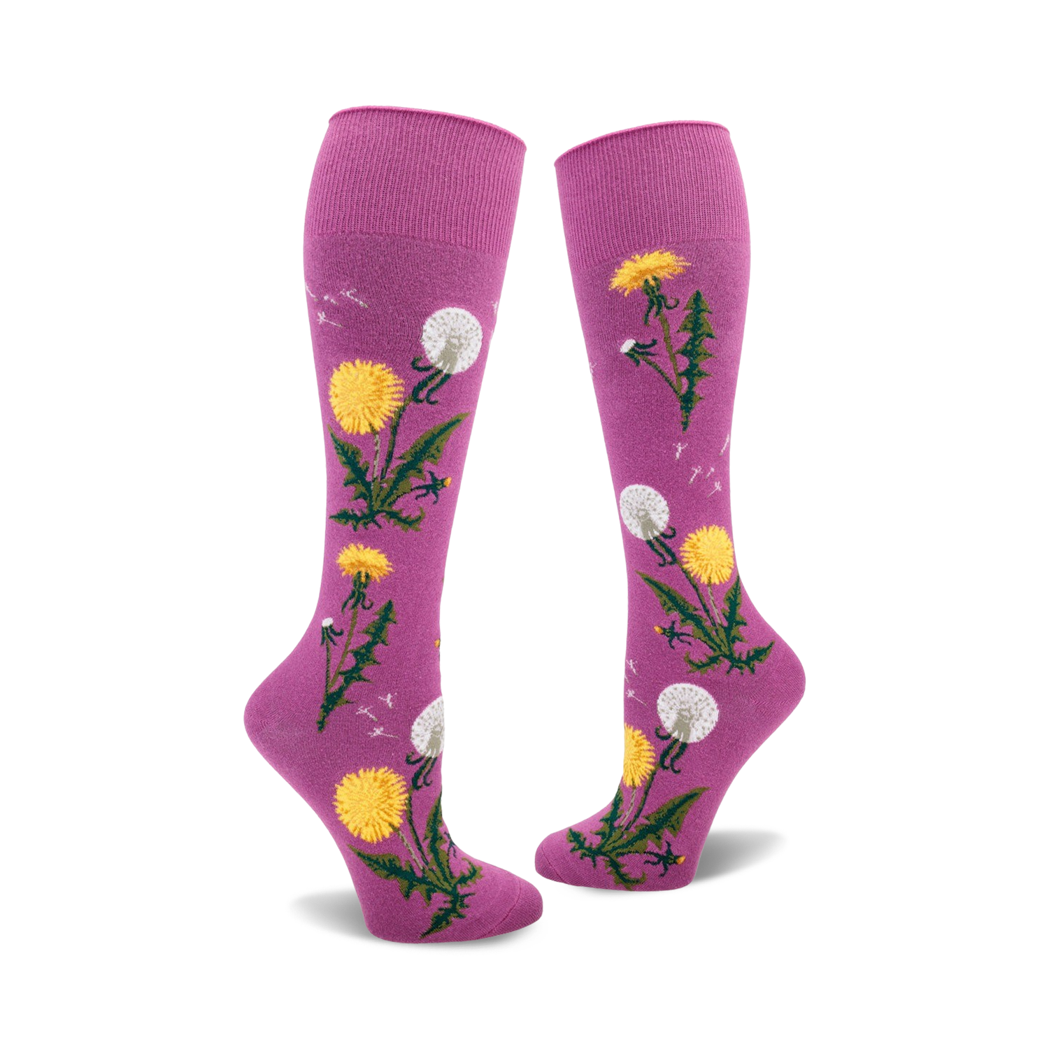 Pair of mauve knee-high socks with yellow dandelions and green stems printed on them. Some dandelions are in seed-head form.