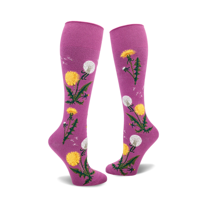 knee-high pink socks with repeating white and yellow dandelion pattern; green stems and leaves.   