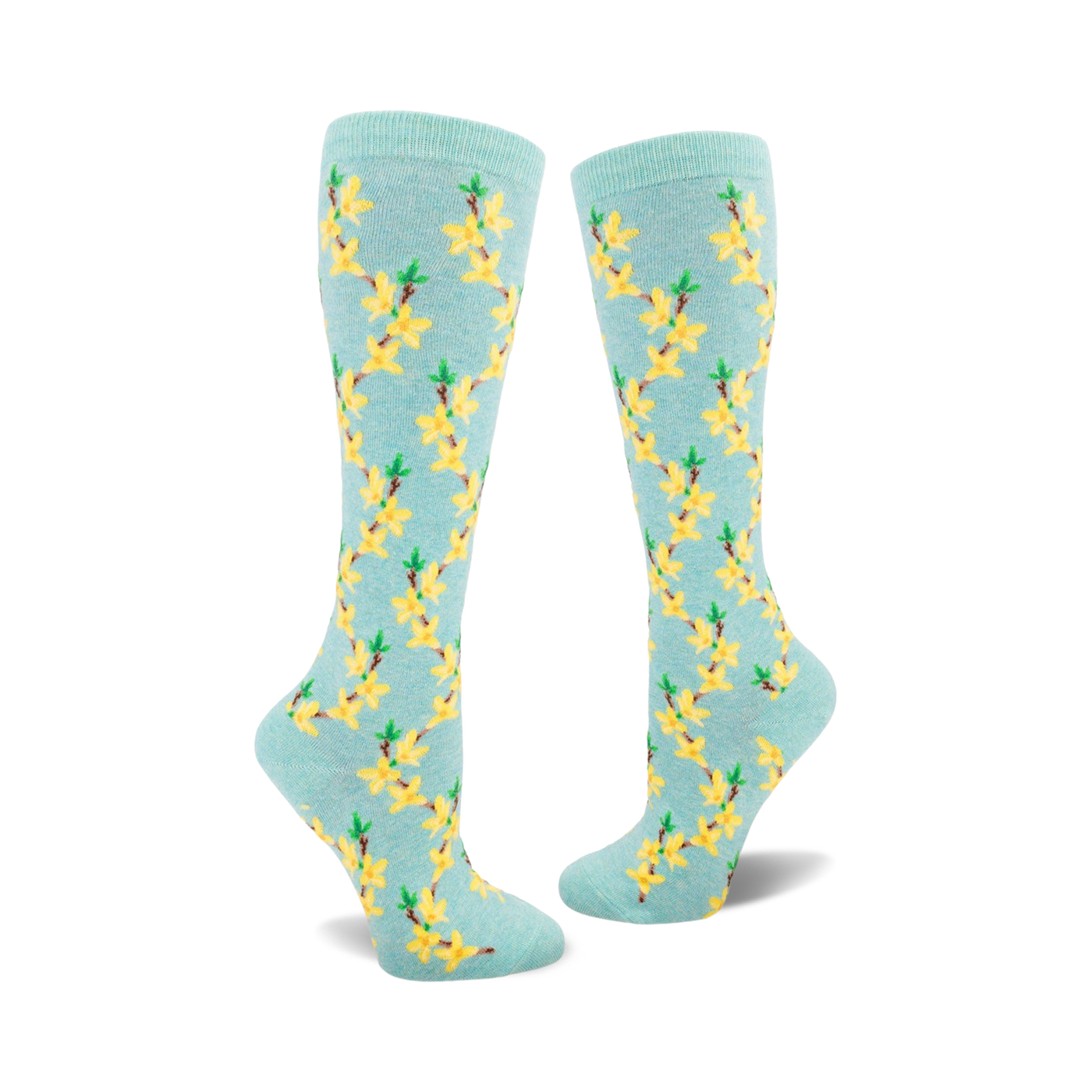 Pair of women's knee-high socks in pastel blue with a repeating pattern of yellow forsythia flowers and green stems.