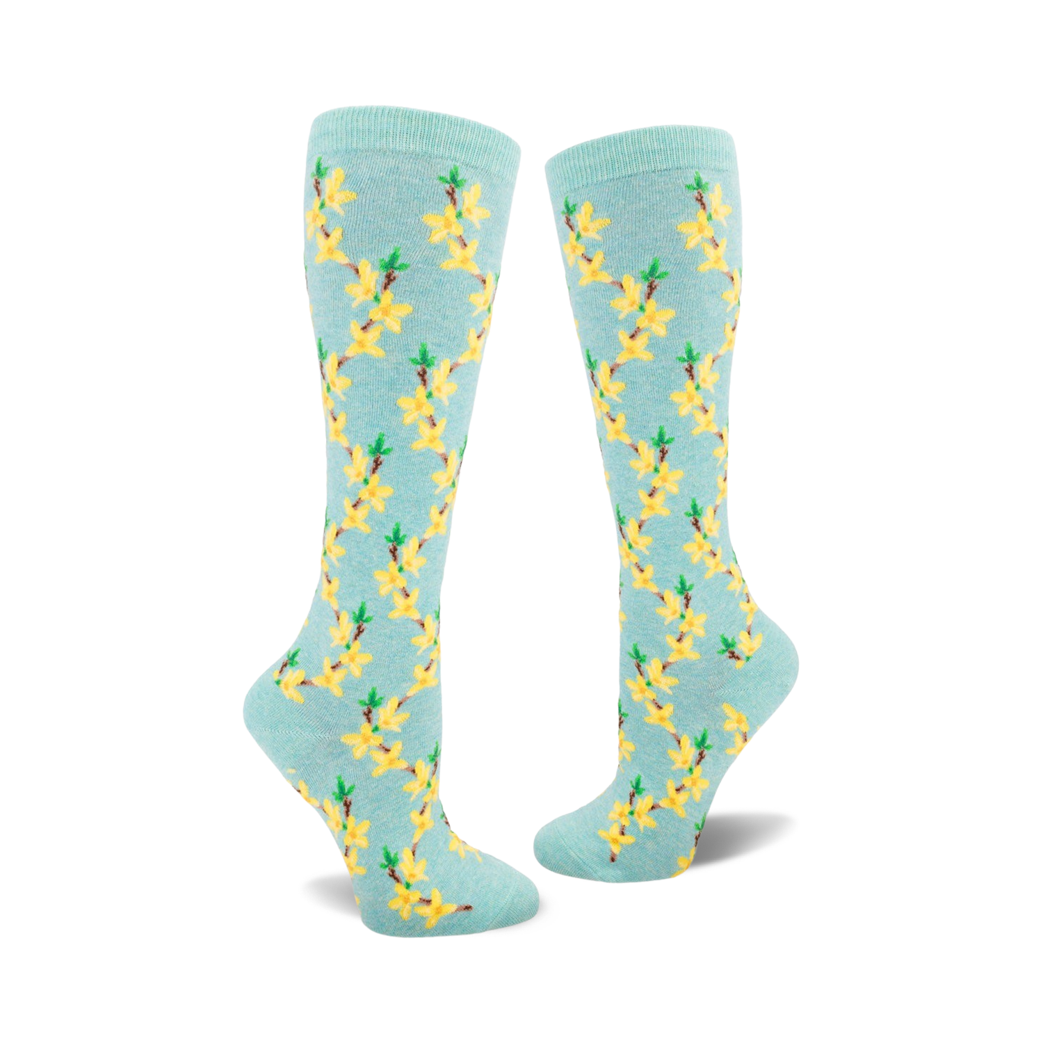 Pair of women's knee-high socks in pastel blue with a repeating pattern of yellow forsythia flowers and green stems.