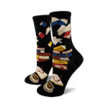Lifestyle shot showing the black Bibliophile socks on a person's feet.