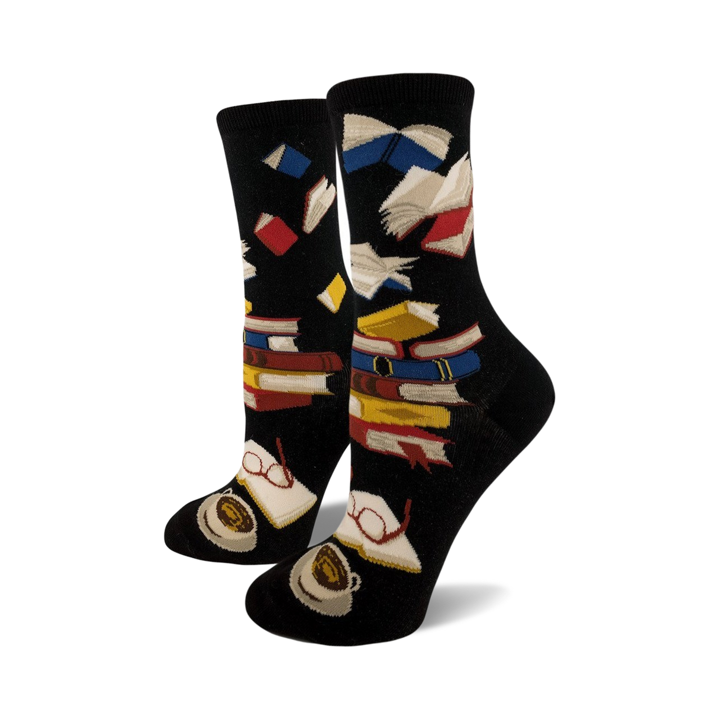 Lifestyle shot showing the black Bibliophile socks on a person's feet.