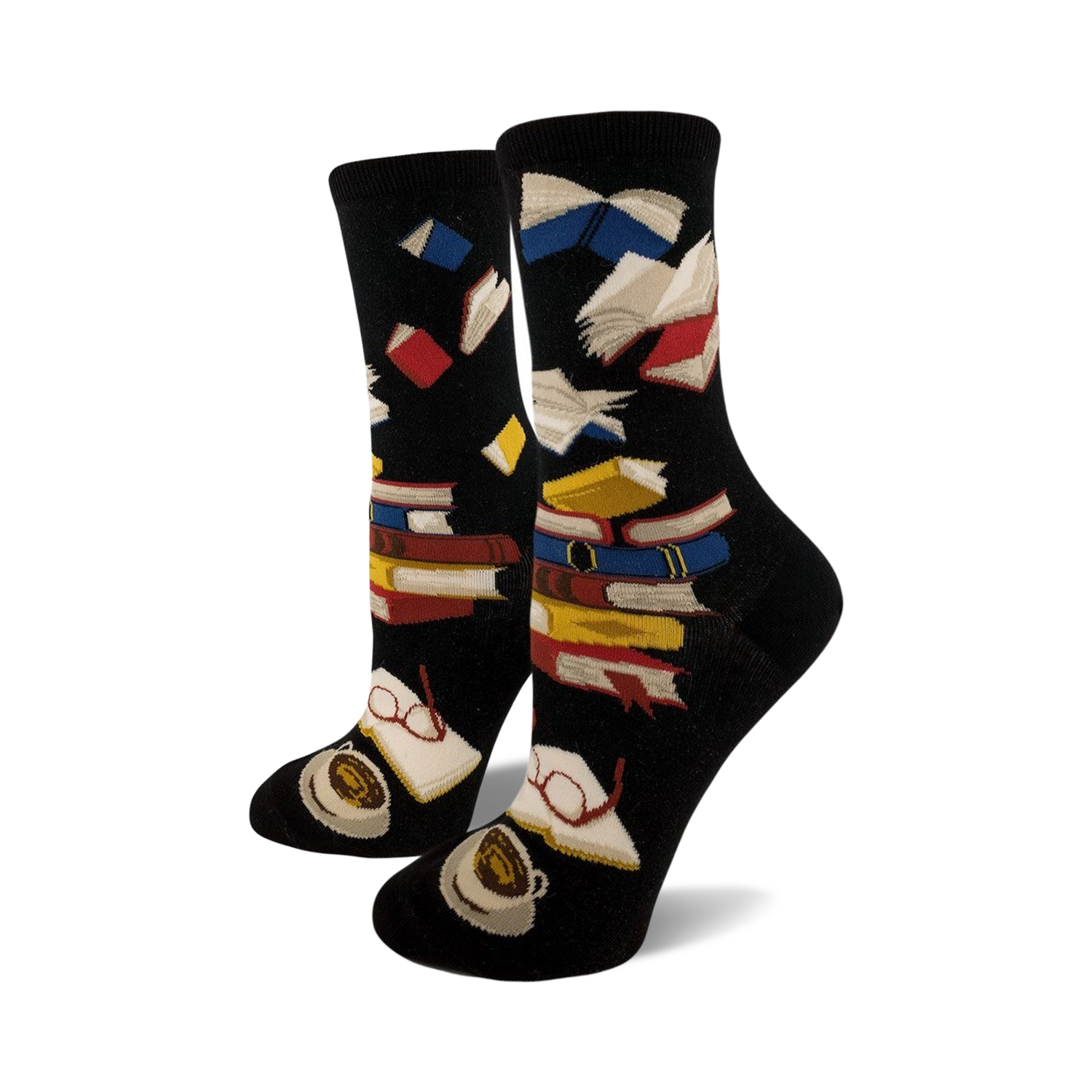 Lifestyle shot showing the black Bibliophile socks on a person's feet.