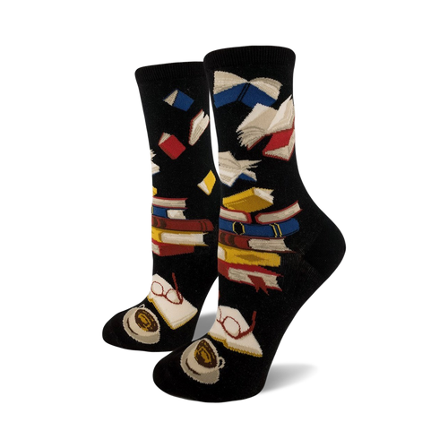 Lifestyle shot showing the black Bibliophile socks on a person's feet.
