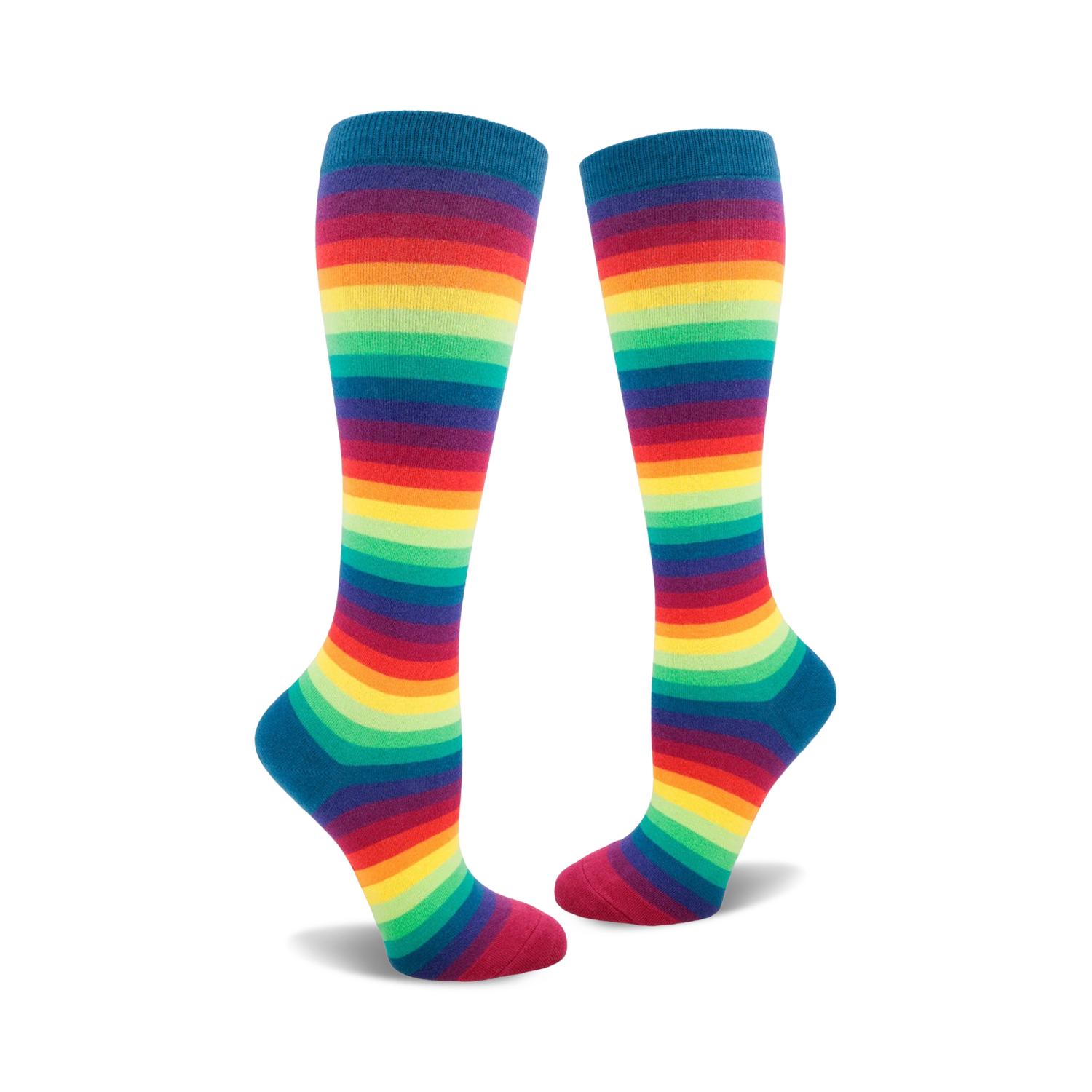 Pair of rainbow striped knee-high socks. Colors include red, orange, yellow, green, blue, indigo, and violet stripes on a dark teal base.