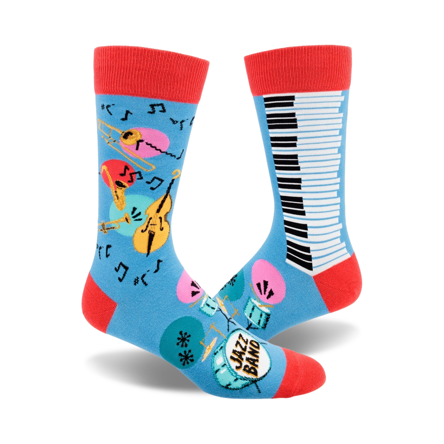 Crew socks in blue with red cuffs.  Features a piano keyboard, musical instruments (trumpet, cello), and music notes. 