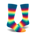 Pair of crew socks with a rainbow gradient stripe design.  Colors include teal, orange, yellow, green, and purple.