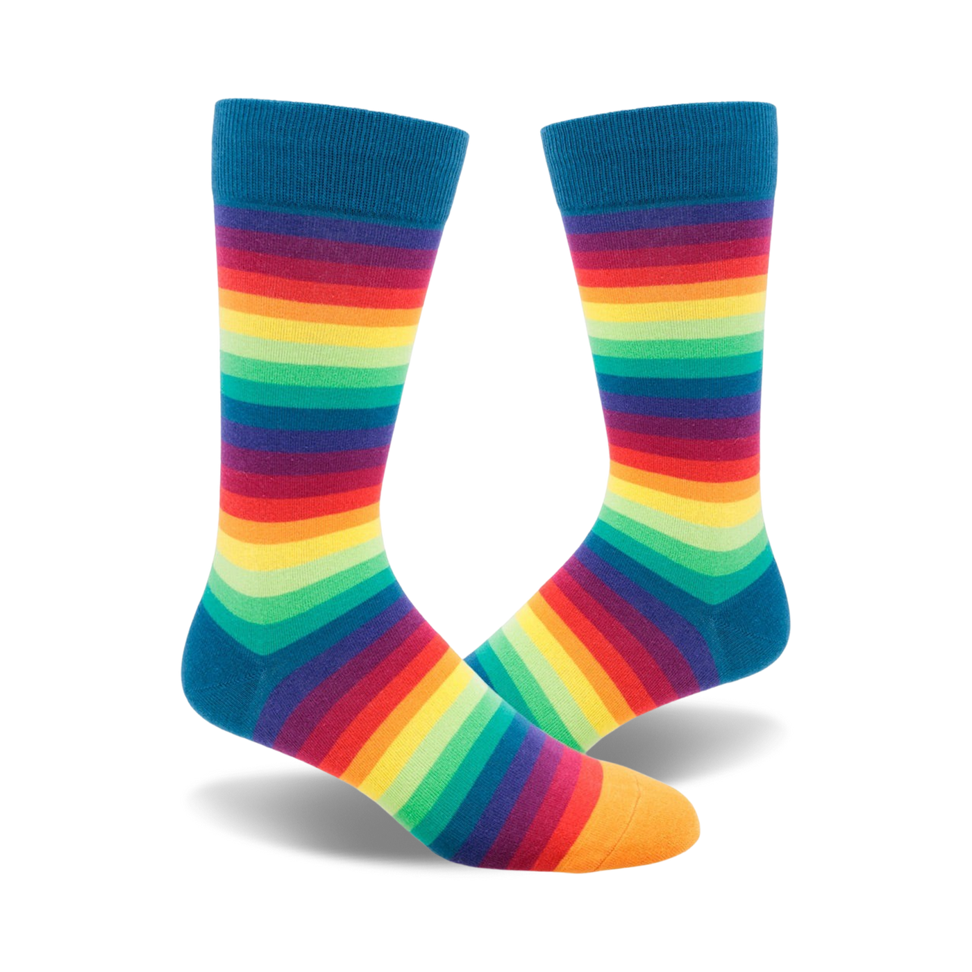 Pair of crew socks with a rainbow gradient stripe design.  Colors include teal, orange, yellow, green, and purple.