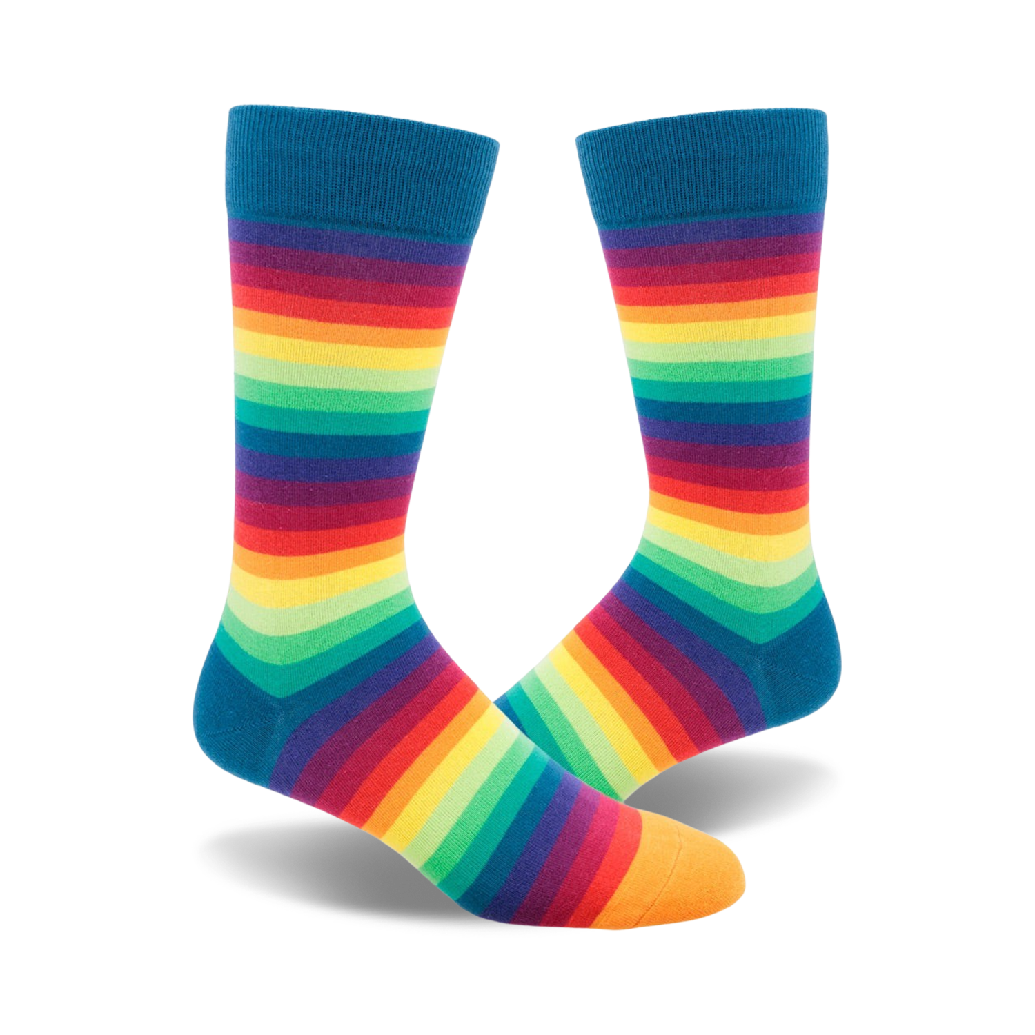 Pair of crew socks with a rainbow gradient stripe design.  Colors include teal, orange, yellow, green, and purple.