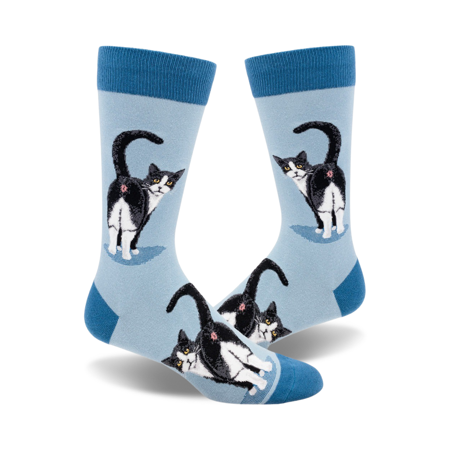 Lifestyle shot of Tuxedo Cat Butt socks on a person's feet, showing off the socks' fit and design.