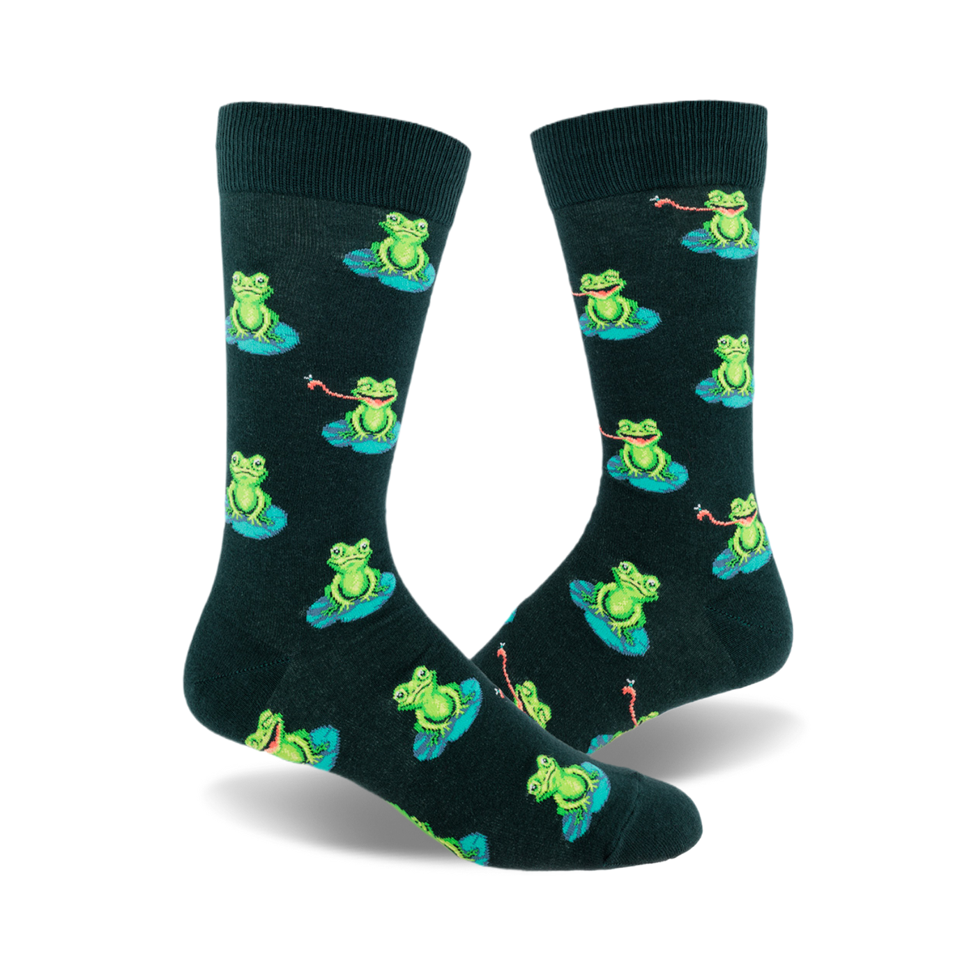 A pair of dark green crew socks with a repeating pattern of green frogs sitting on lily pads and catching flies with their tongues.