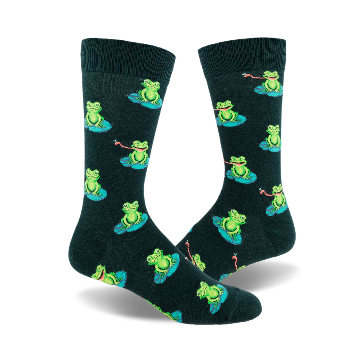 A pair of dark green crew socks with a repeating pattern of green frogs sitting on lily pads and catching flies with their tongues.