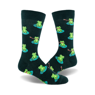 front view of men's hunter green crew socks featuring a repeating pattern of cute frogs catching insects with their tongues.