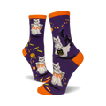 Crew socks in purple with orange cuffs.  Design features white ghost cats with "BOO" and candy corn on a dark purple background. A black cat is also shown.