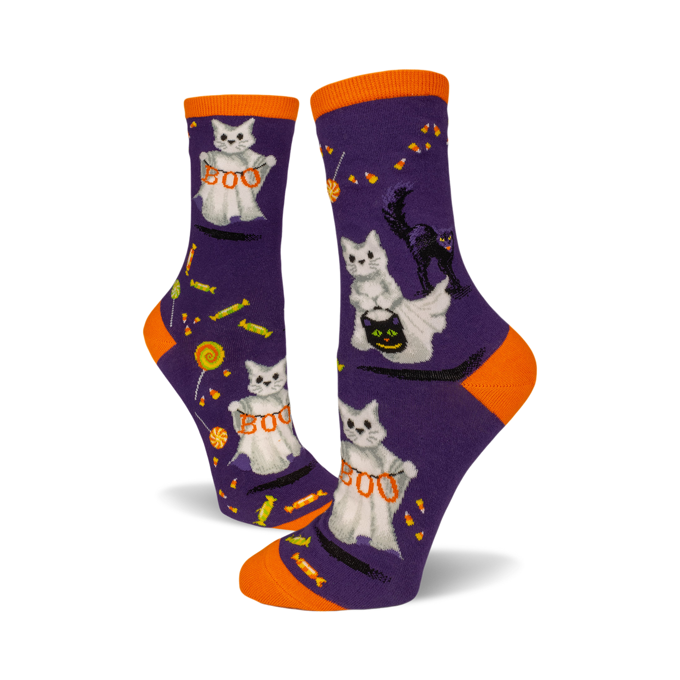 Crew socks in purple with orange cuffs.  Design features white ghost cats with "BOO" and candy corn on a dark purple background. A black cat is also shown.