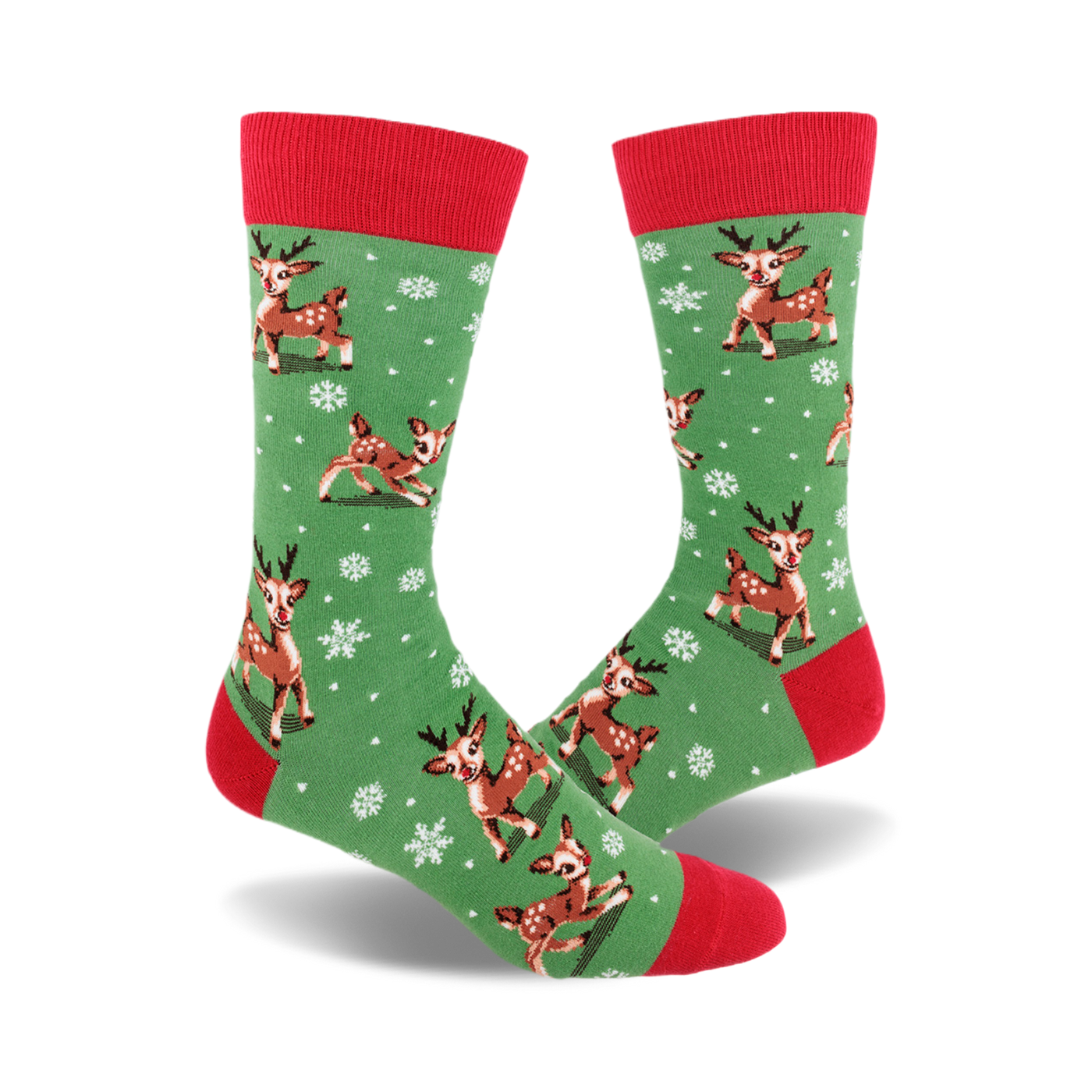 A pair of crew socks with a green background, red cuffs, and a pattern of brown reindeer and white snowflakes.