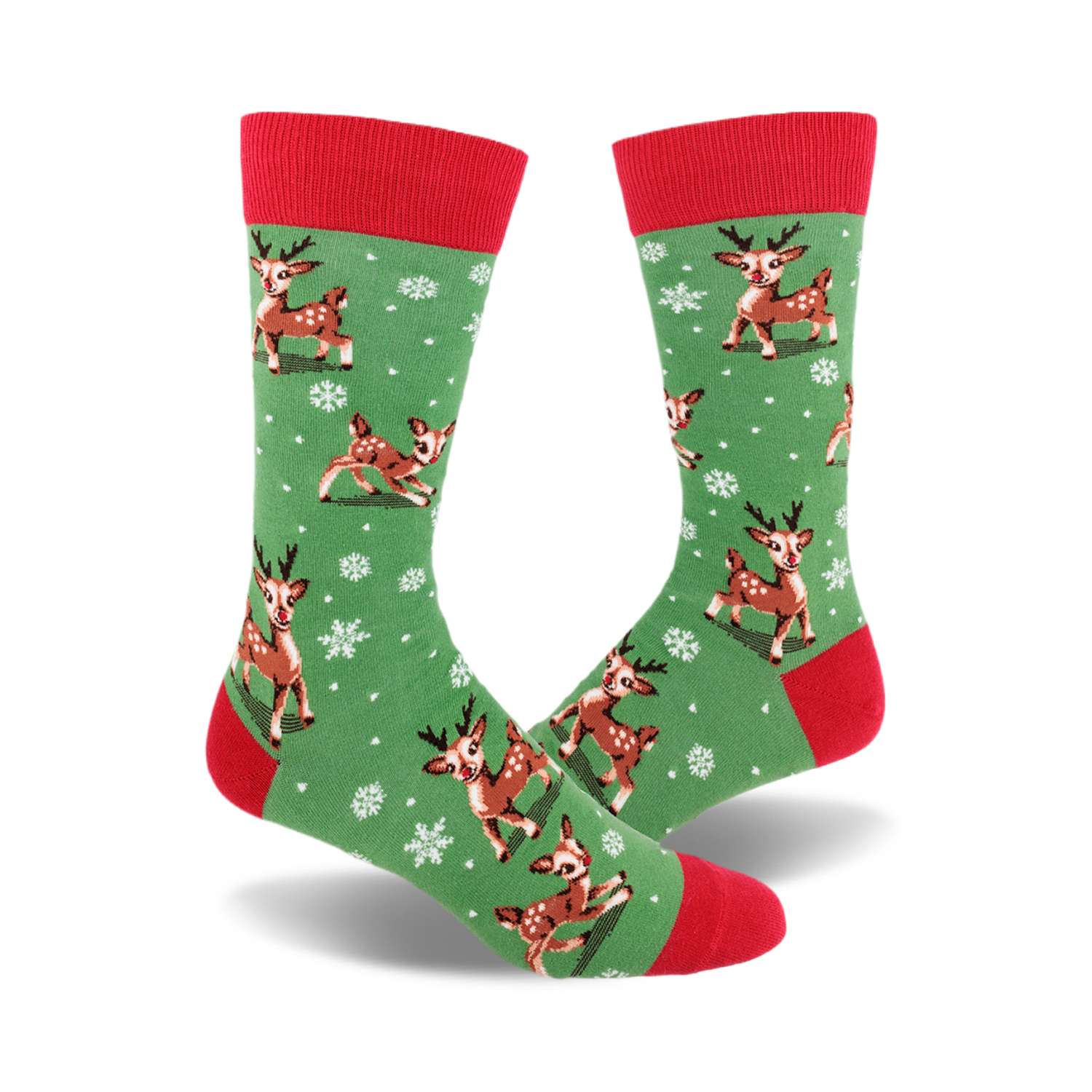A pair of crew socks with a green background, red cuffs, and a pattern of brown reindeer and white snowflakes.