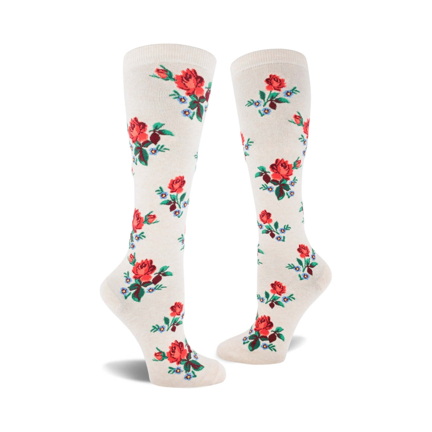 Pair of cream-colored knee-high socks adorned with a repeating pattern of red roses and small blue flowers.