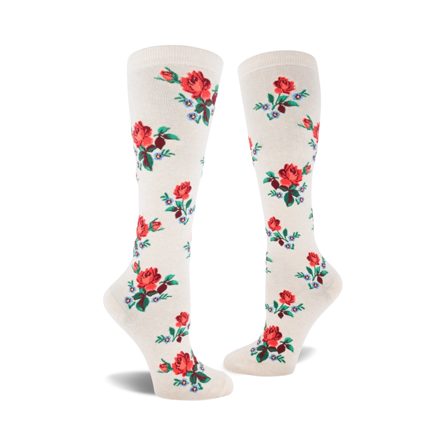 Pair of cream-colored knee-high socks adorned with a repeating pattern of red roses and small blue flowers.