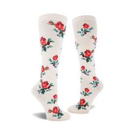 red rose socks: knee-high women's socks with elegant floral pattern  