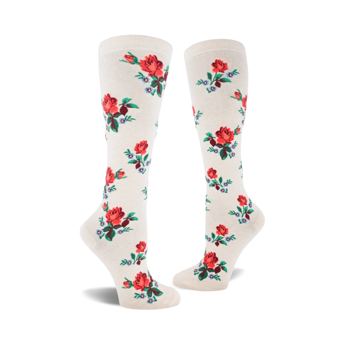 red rose socks: knee-high women's socks with elegant floral pattern   }}