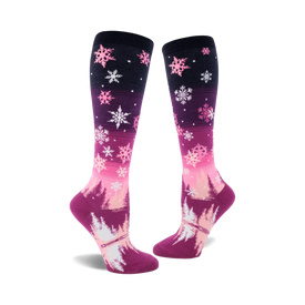 womens knee-high dark purple winter snowflake mid-calf-length purple-toe white-heel fashion socks.   