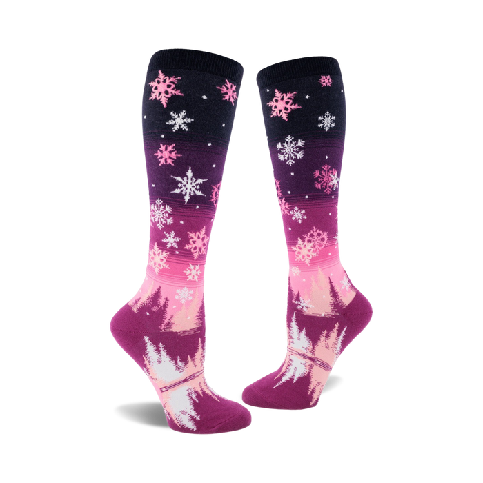 womens knee-high dark purple winter snowflake mid-calf-length purple-toe white-heel fashion socks.    }}