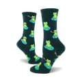 Pair of dark green crew socks with a repeating pattern of smiling green frogs sitting on lily pads and catching flies.