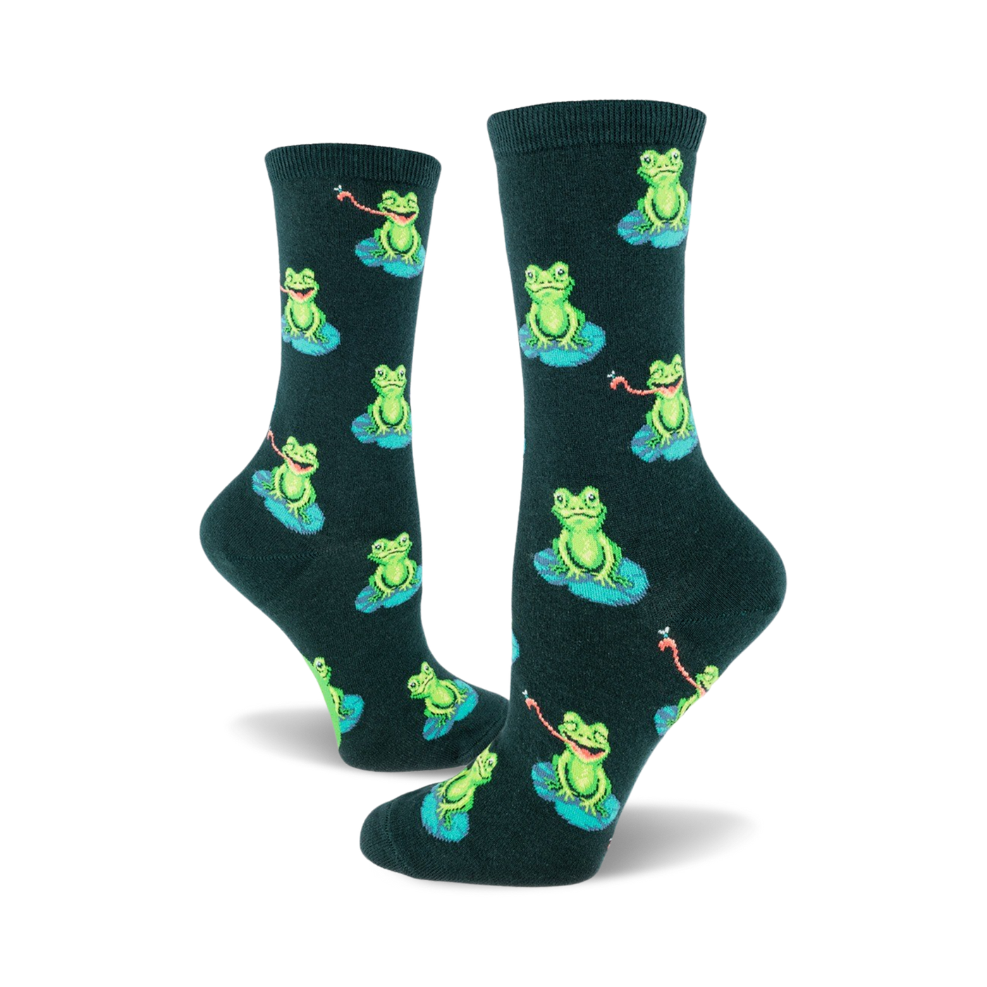 Pair of dark green crew socks with a repeating pattern of smiling green frogs sitting on lily pads and catching flies.