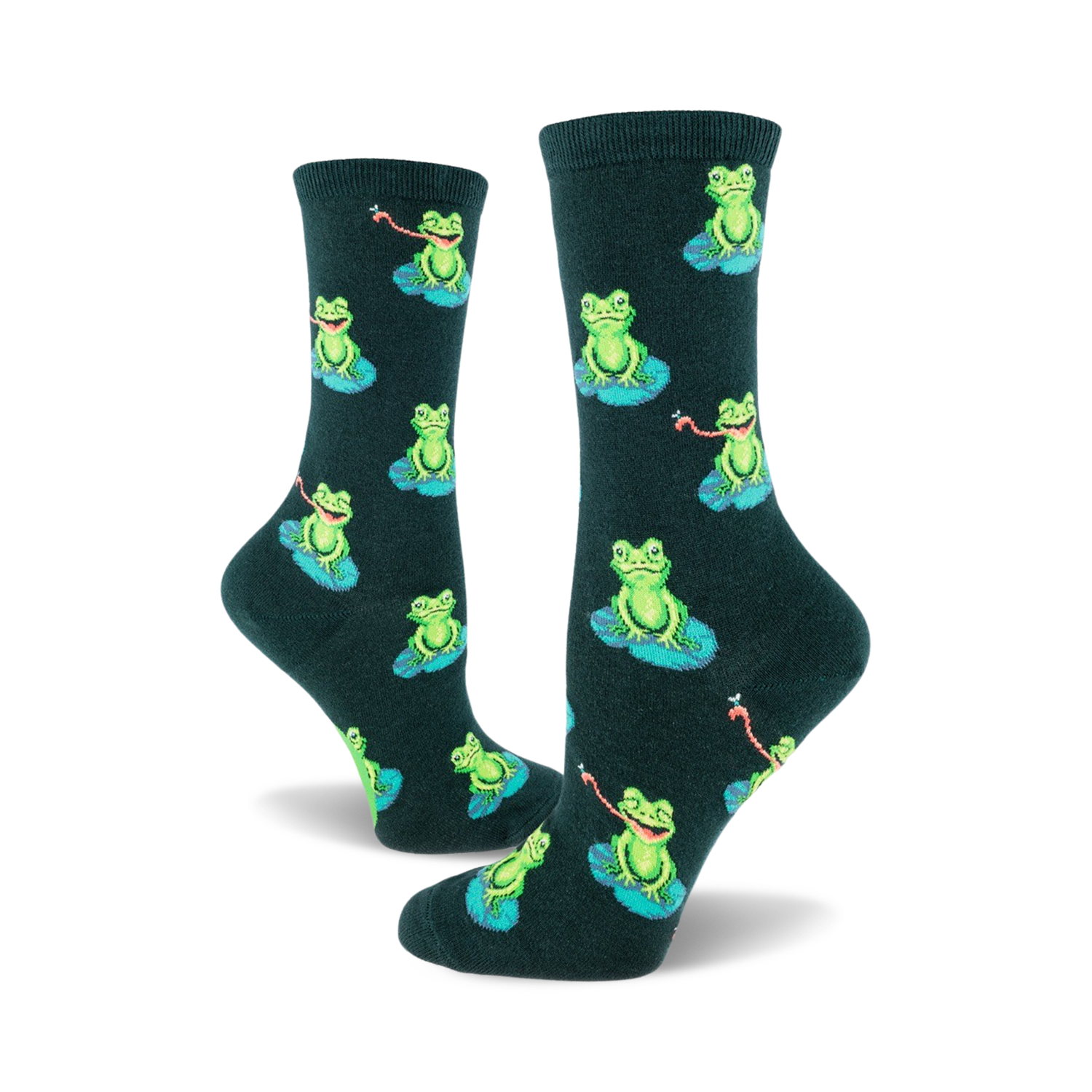 Pair of dark green crew socks with a repeating pattern of smiling green frogs sitting on lily pads and catching flies.
