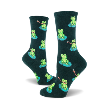 dark green womens crew socks with a pattern of cartoon frogs on lily pads.   