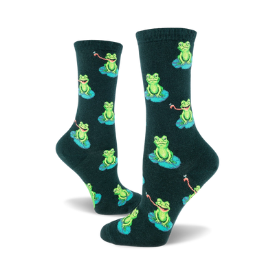 dark green womens crew socks with a pattern of cartoon frogs on lily pads.   