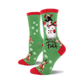 Crew socks in green with red cuffs. Design features a snowman, deer, snowflakes, and the phrase 'Merry as Fuck'.