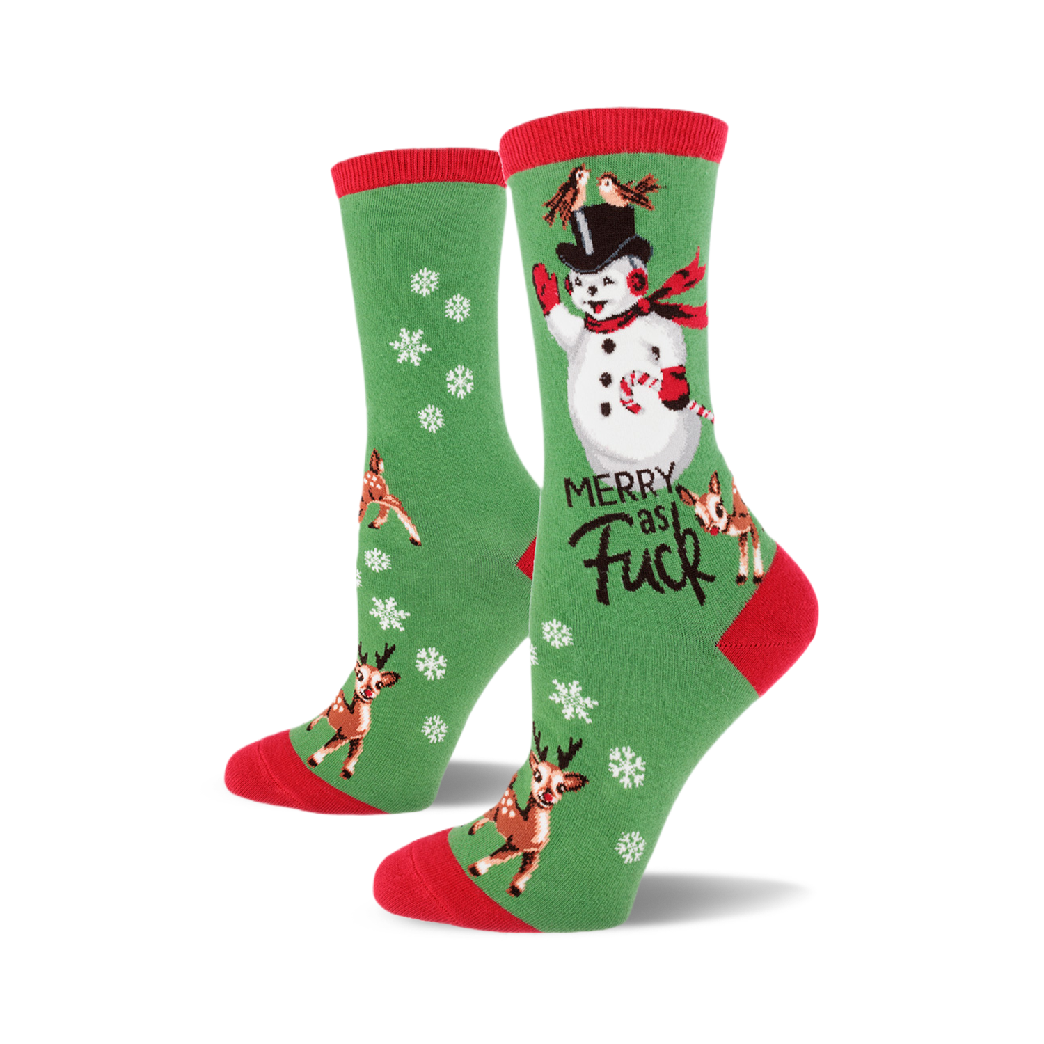 Crew socks in green with red cuffs. Design features a snowman, deer, snowflakes, and the phrase 'Merry as Fuck'.