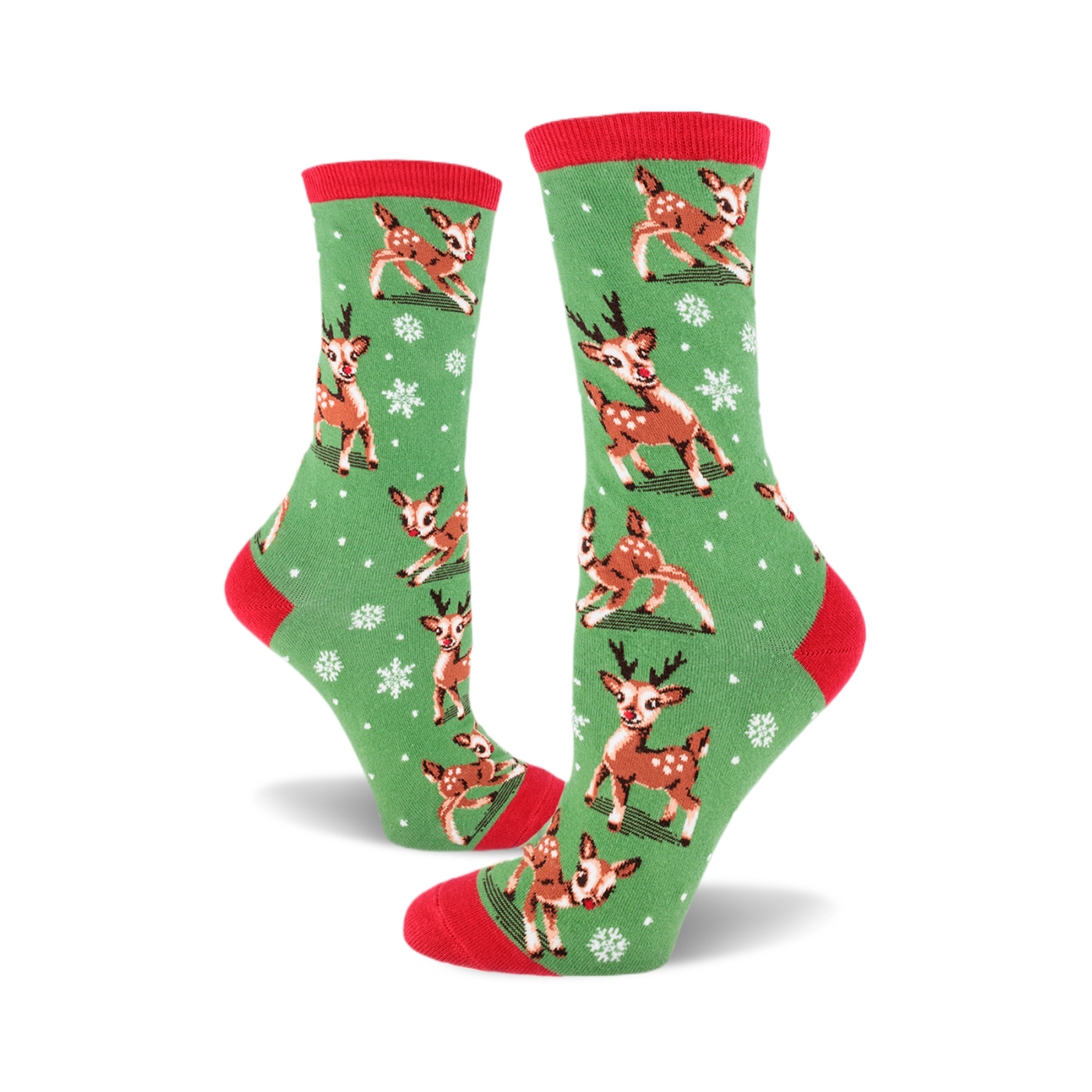 A pair of women's crew socks in green with a red cuff. The socks feature a pattern of cute reindeer and snowflakes.