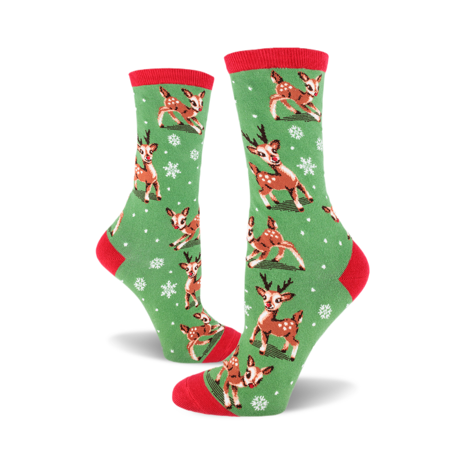 A pair of women's crew socks in green with a red cuff. The socks feature a pattern of cute reindeer and snowflakes.
