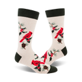 Cream crew socks with red cardinals, holly, and pine cones. Dark green cuffs. Festive and fun!