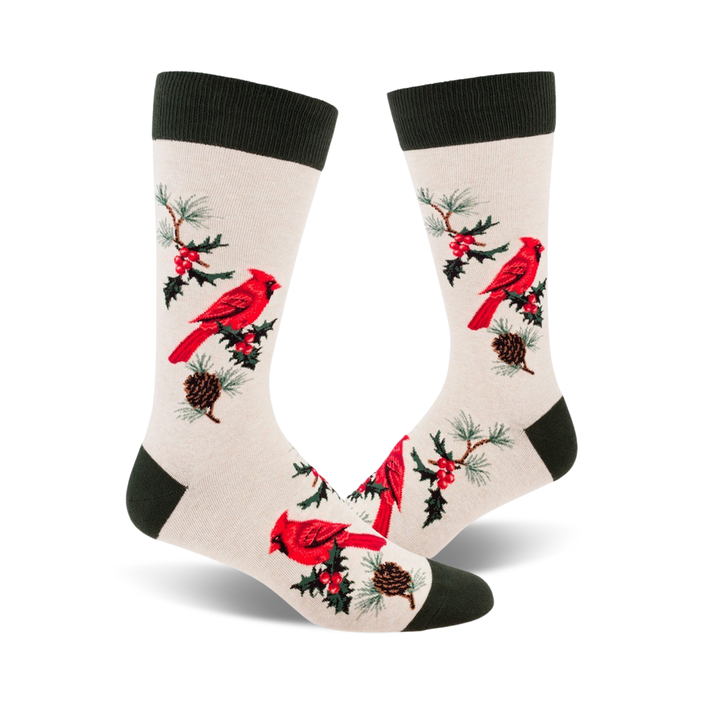 Cream crew socks with red cardinals, holly, and pine cones. Dark green cuffs. Festive and fun!