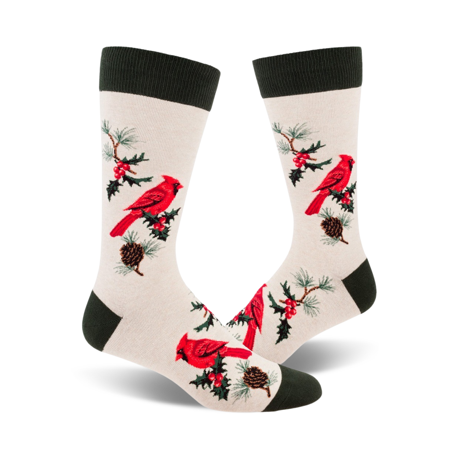 Cream crew socks with red cardinals, holly, and pine cones. Dark green cuffs. Festive and fun!