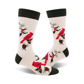 red cardinal christmas crew socks, unisex, festive winter holiday theme  