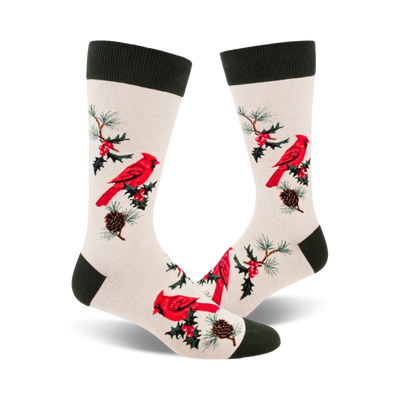 red cardinal christmas crew socks, unisex, festive winter holiday theme  