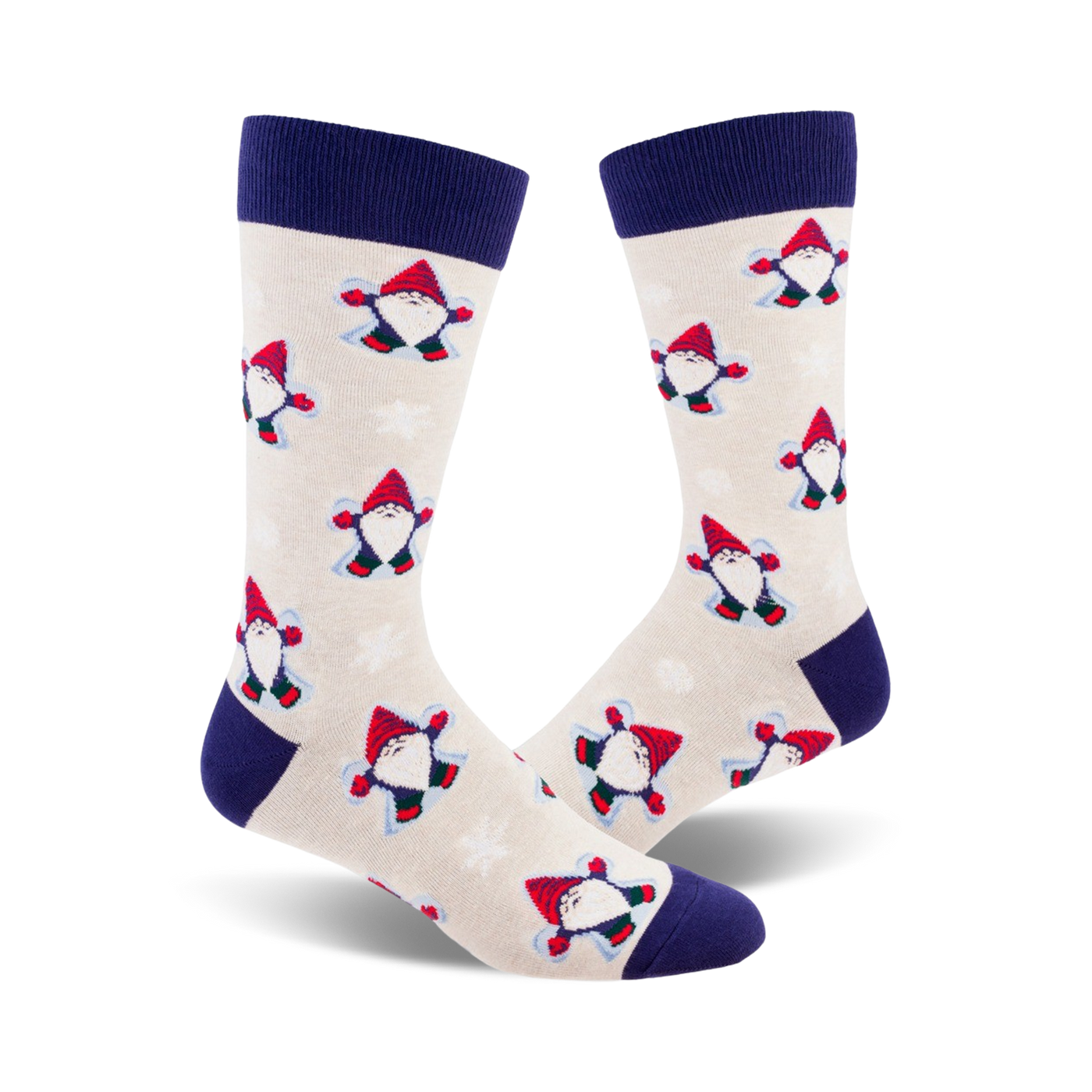 Cream crew socks with navy blue cuffs, adorned with a repeating pattern of red-hatted snow gnomes playfully throwing snow.