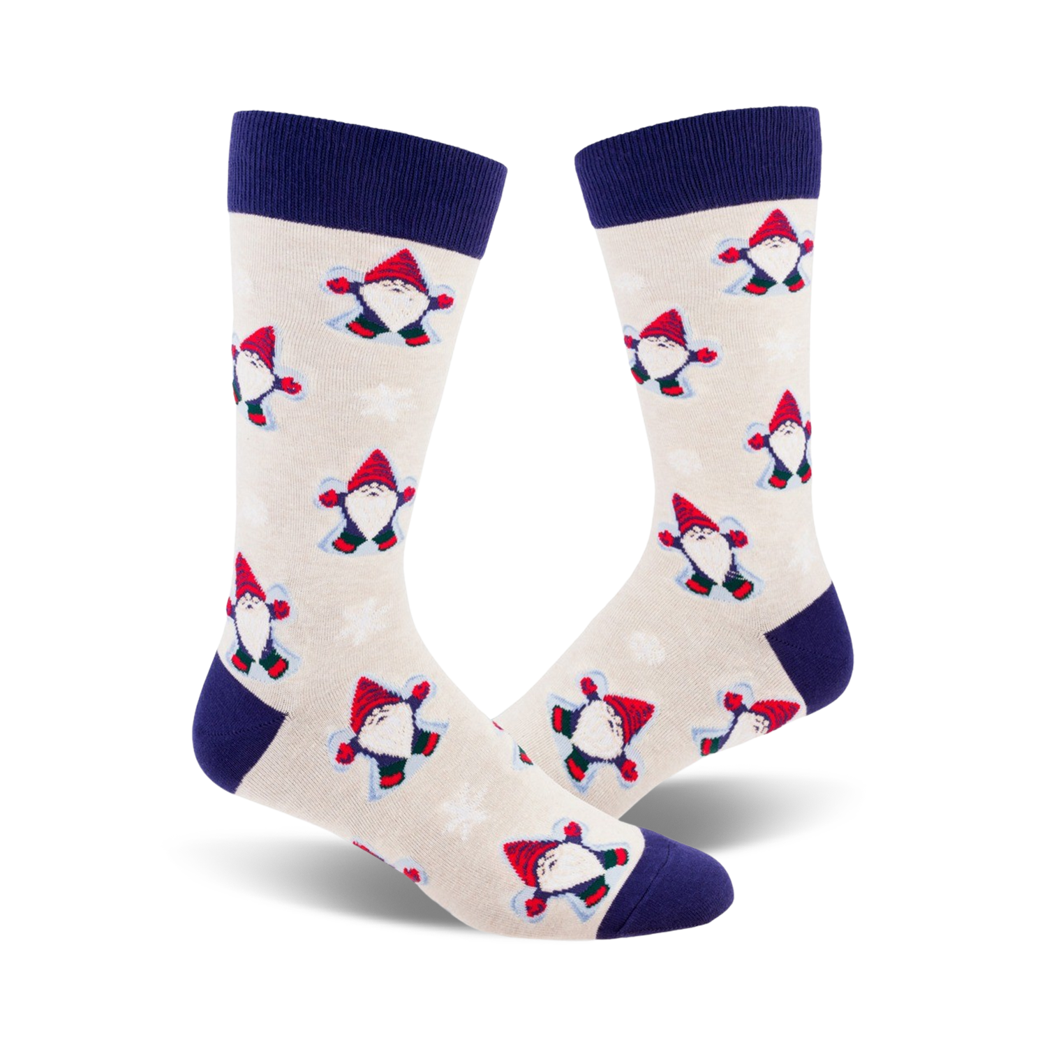 Cream crew socks with navy blue cuffs, adorned with a repeating pattern of red-hatted snow gnomes playfully throwing snow.