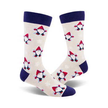 white crew socks with red and purple gnomes making snow angels in snowy landscape.   