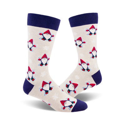 white crew socks with red and purple gnomes making snow angels in snowy landscape.   